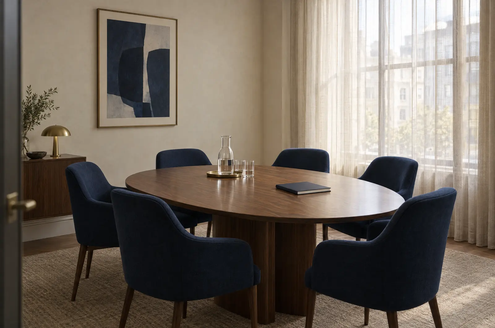 Sala de juntas con mesa ovalada de nogal y sillas tapizadas en azul marino