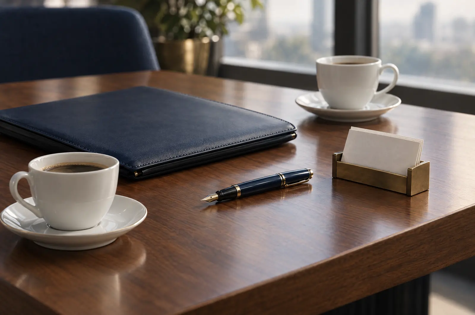 Mesa de nogal con dos tazas de café, una carpeta azul y una pluma después de una reunión